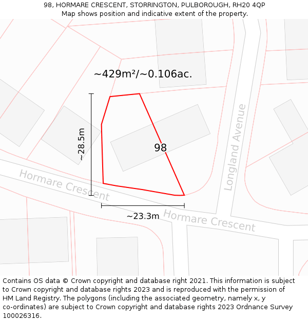 98, HORMARE CRESCENT, STORRINGTON, PULBOROUGH, RH20 4QP: Plot and title map