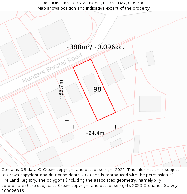 98, HUNTERS FORSTAL ROAD, HERNE BAY, CT6 7BG: Plot and title map