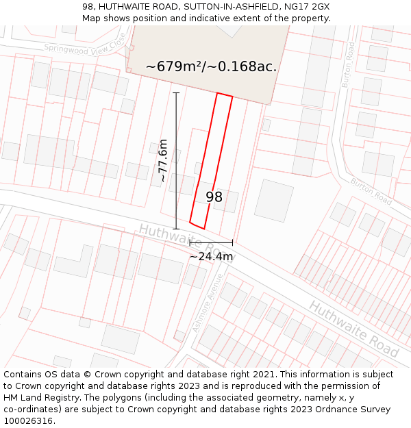 98, HUTHWAITE ROAD, SUTTON-IN-ASHFIELD, NG17 2GX: Plot and title map