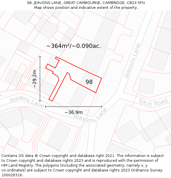 98, JEAVONS LANE, GREAT CAMBOURNE, CAMBRIDGE, CB23 5FN: Plot and title map