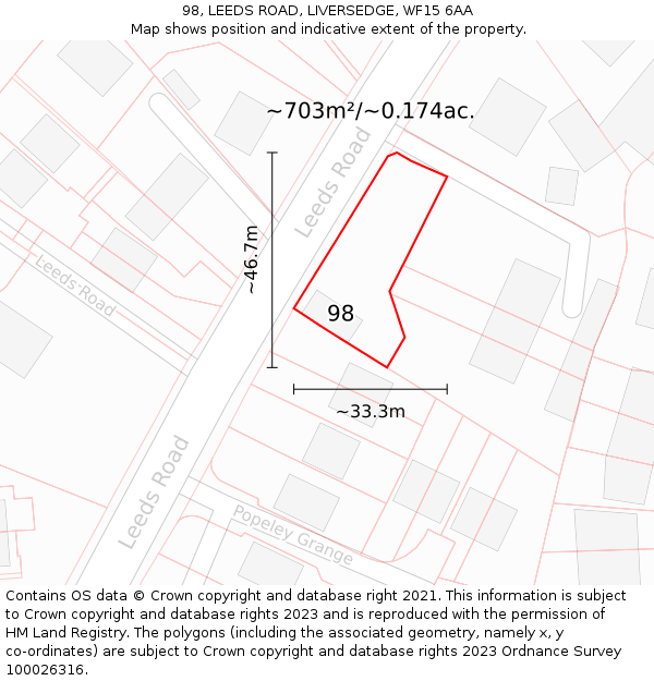 98, LEEDS ROAD, LIVERSEDGE, WF15 6AA: Plot and title map