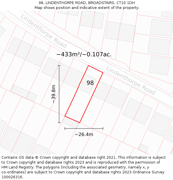 98, LINDENTHORPE ROAD, BROADSTAIRS, CT10 1DH: Plot and title map