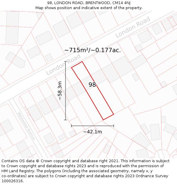 98, LONDON ROAD, BRENTWOOD, CM14 4NJ: Plot and title map