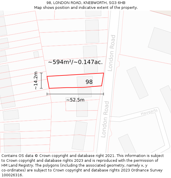 98, LONDON ROAD, KNEBWORTH, SG3 6HB: Plot and title map