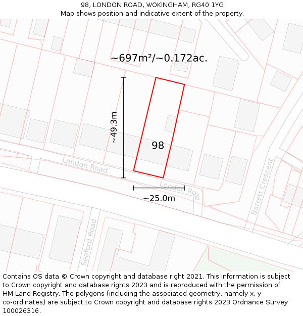 98, LONDON ROAD, WOKINGHAM, RG40 1YG: Plot and title map