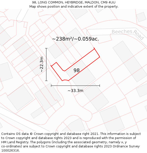 98, LONG COMMON, HEYBRIDGE, MALDON, CM9 4UU: Plot and title map