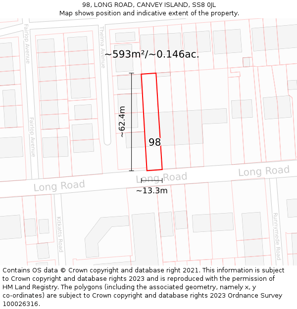 98, LONG ROAD, CANVEY ISLAND, SS8 0JL: Plot and title map