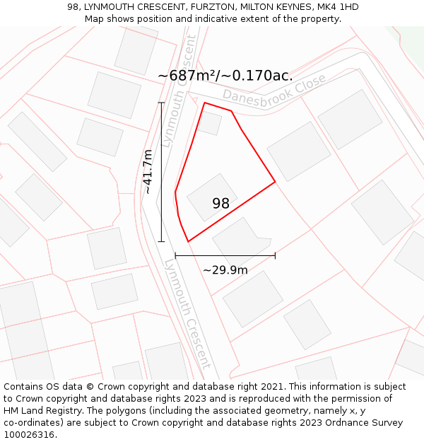 98, LYNMOUTH CRESCENT, FURZTON, MILTON KEYNES, MK4 1HD: Plot and title map