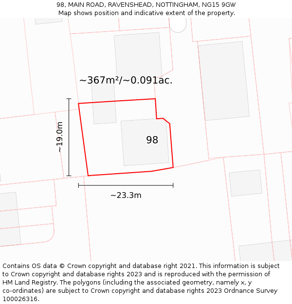 98, MAIN ROAD, RAVENSHEAD, NOTTINGHAM, NG15 9GW: Plot and title map