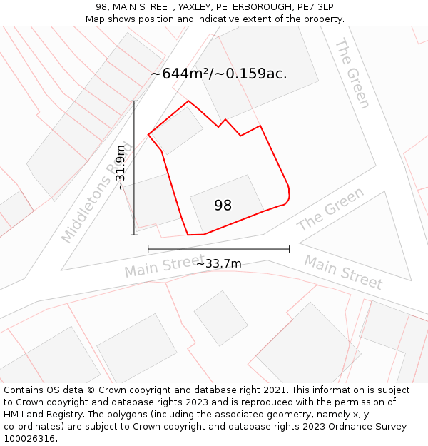 98, MAIN STREET, YAXLEY, PETERBOROUGH, PE7 3LP: Plot and title map