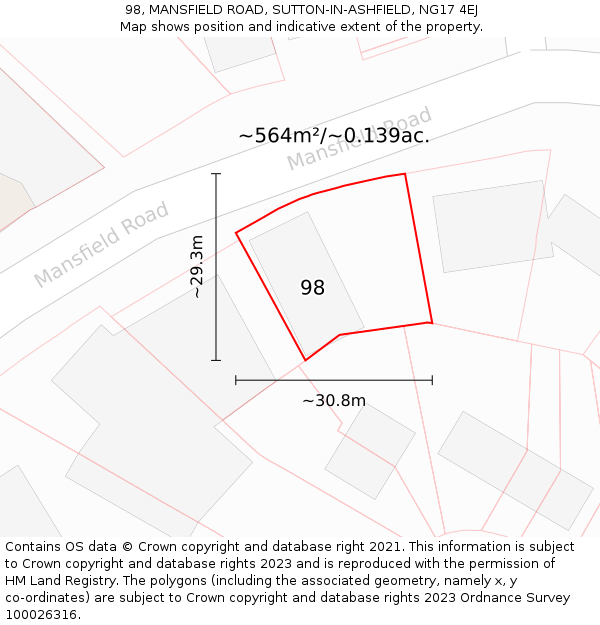 98, MANSFIELD ROAD, SUTTON-IN-ASHFIELD, NG17 4EJ: Plot and title map