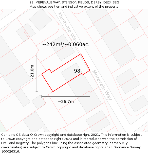 98, MEREVALE WAY, STENSON FIELDS, DERBY, DE24 3EG: Plot and title map