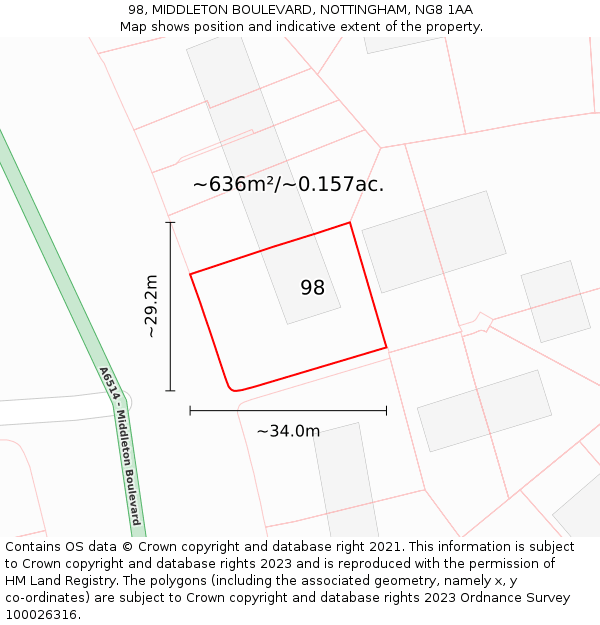 98, MIDDLETON BOULEVARD, NOTTINGHAM, NG8 1AA: Plot and title map