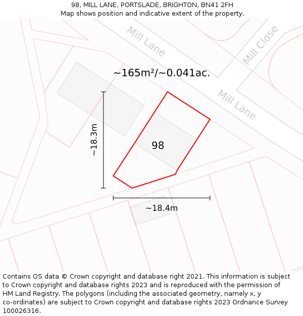 98, MILL LANE, PORTSLADE, BRIGHTON, BN41 2FH: Plot and title map