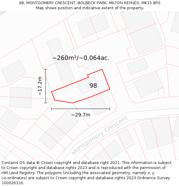 98, MONTGOMERY CRESCENT, BOLBECK PARK, MILTON KEYNES, MK15 8PS: Plot and title map