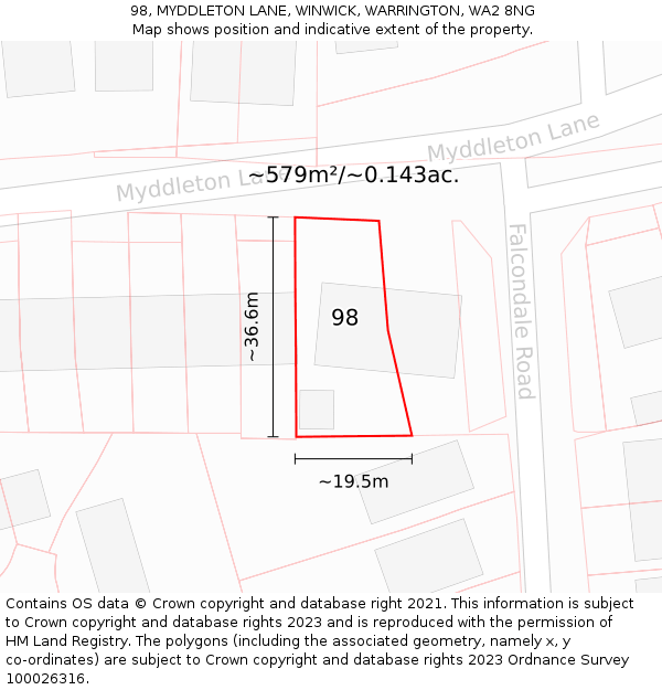 98, MYDDLETON LANE, WINWICK, WARRINGTON, WA2 8NG: Plot and title map