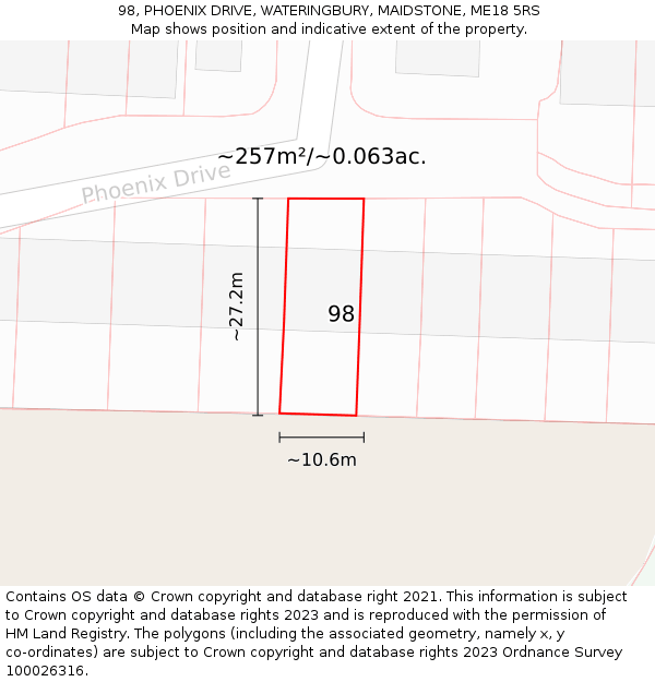 98, PHOENIX DRIVE, WATERINGBURY, MAIDSTONE, ME18 5RS: Plot and title map