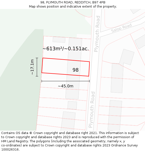 98, PLYMOUTH ROAD, REDDITCH, B97 4PB: Plot and title map