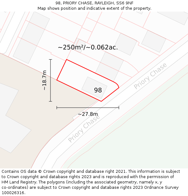 98, PRIORY CHASE, RAYLEIGH, SS6 9NF: Plot and title map