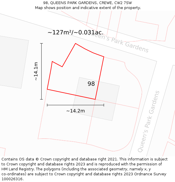 98, QUEENS PARK GARDENS, CREWE, CW2 7SW: Plot and title map