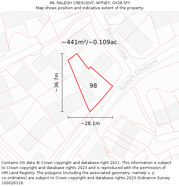 98, RALEGH CRESCENT, WITNEY, OX28 5FY: Plot and title map