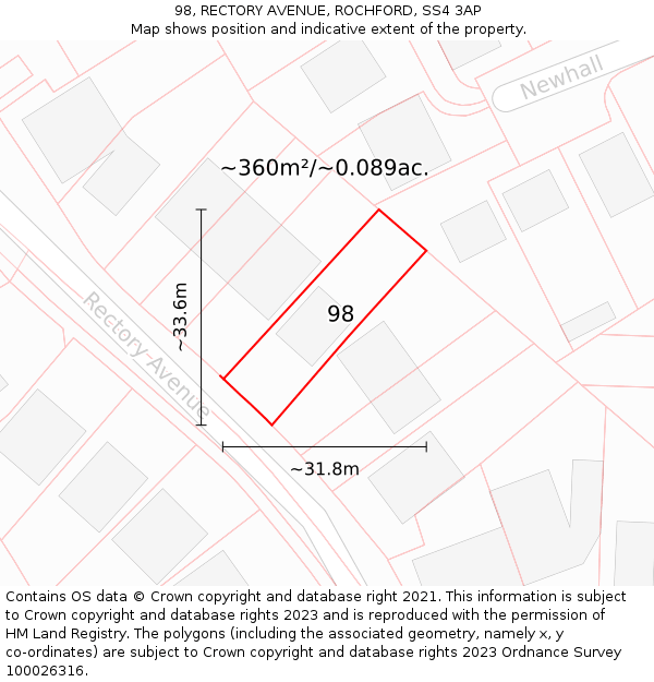 98, RECTORY AVENUE, ROCHFORD, SS4 3AP: Plot and title map