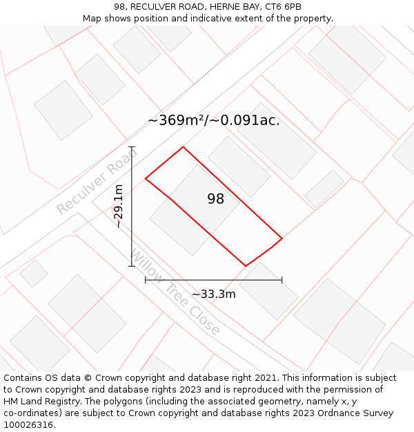 98, RECULVER ROAD, HERNE BAY, CT6 6PB: Plot and title map
