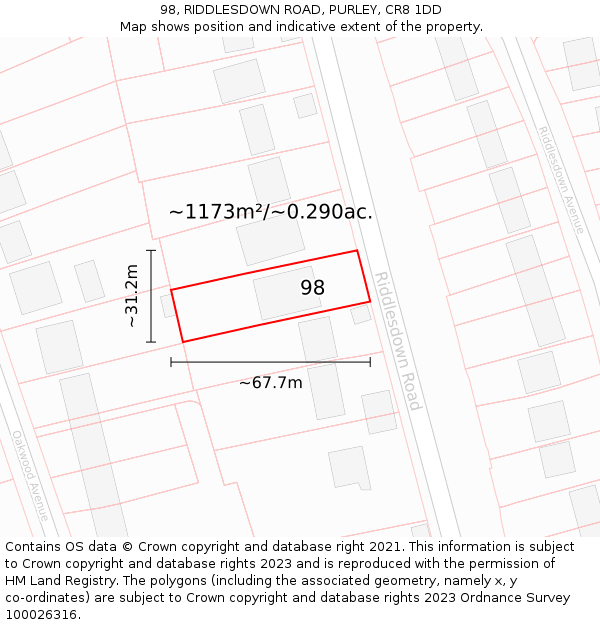 98, RIDDLESDOWN ROAD, PURLEY, CR8 1DD: Plot and title map