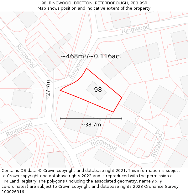 98, RINGWOOD, BRETTON, PETERBOROUGH, PE3 9SR: Plot and title map