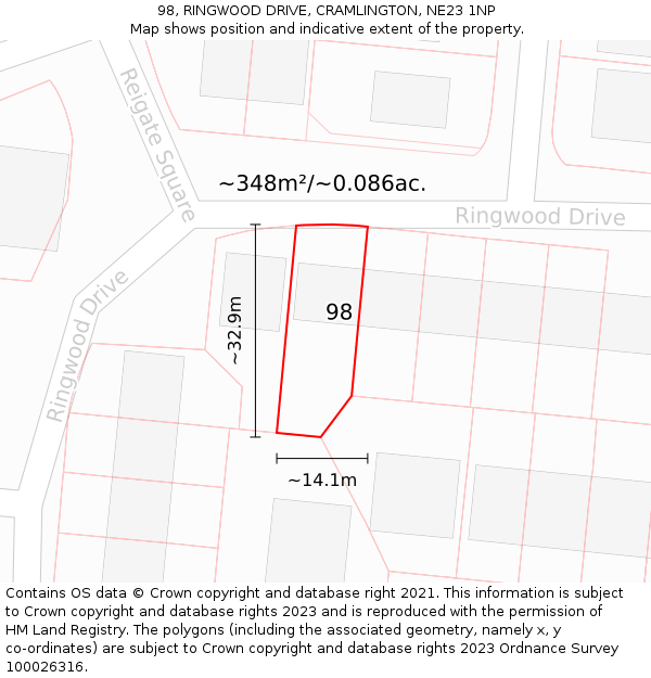 98, RINGWOOD DRIVE, CRAMLINGTON, NE23 1NP: Plot and title map