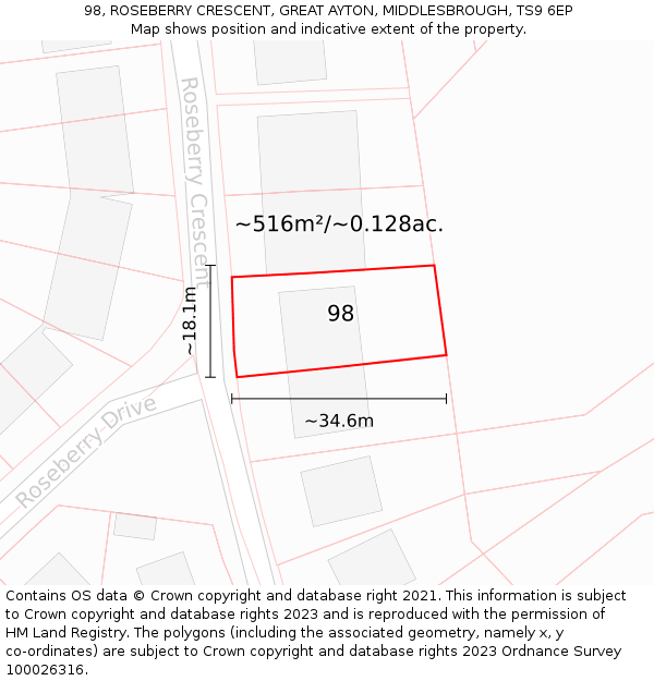 98, ROSEBERRY CRESCENT, GREAT AYTON, MIDDLESBROUGH, TS9 6EP: Plot and title map