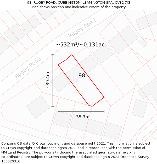 98, RUGBY ROAD, CUBBINGTON, LEAMINGTON SPA, CV32 7JG: Plot and title map