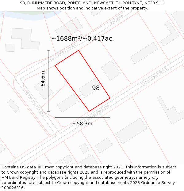 98, RUNNYMEDE ROAD, PONTELAND, NEWCASTLE UPON TYNE, NE20 9HH: Plot and title map