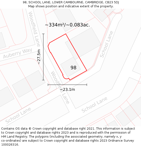 98, SCHOOL LANE, LOWER CAMBOURNE, CAMBRIDGE, CB23 5DJ: Plot and title map