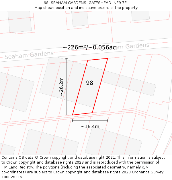 98, SEAHAM GARDENS, GATESHEAD, NE9 7EL: Plot and title map