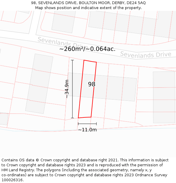 98, SEVENLANDS DRIVE, BOULTON MOOR, DERBY, DE24 5AQ: Plot and title map