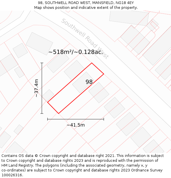 98, SOUTHWELL ROAD WEST, MANSFIELD, NG18 4EY: Plot and title map