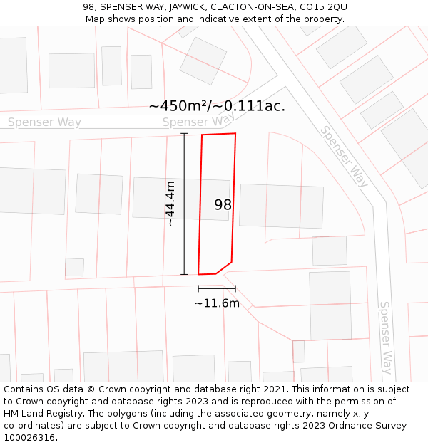 98, SPENSER WAY, JAYWICK, CLACTON-ON-SEA, CO15 2QU: Plot and title map