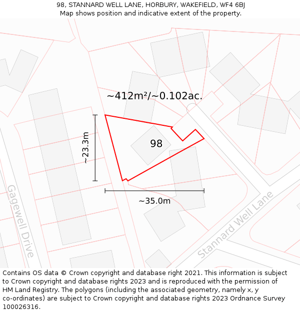 98, STANNARD WELL LANE, HORBURY, WAKEFIELD, WF4 6BJ: Plot and title map