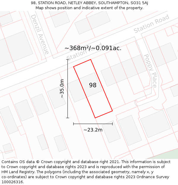 98, STATION ROAD, NETLEY ABBEY, SOUTHAMPTON, SO31 5AJ: Plot and title map