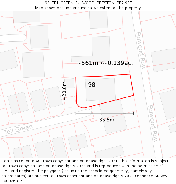 98, TEIL GREEN, FULWOOD, PRESTON, PR2 9PE: Plot and title map