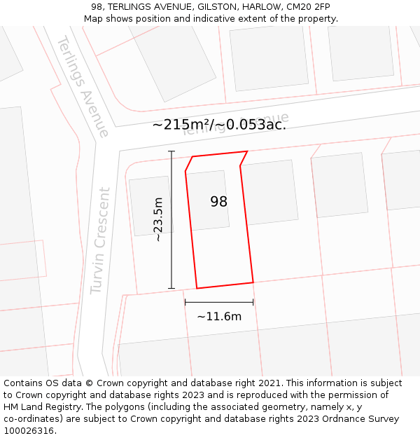 98, TERLINGS AVENUE, GILSTON, HARLOW, CM20 2FP: Plot and title map