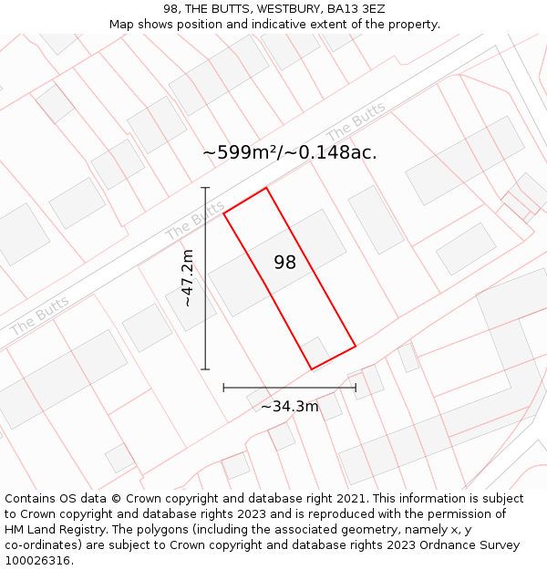 98, THE BUTTS, WESTBURY, BA13 3EZ: Plot and title map