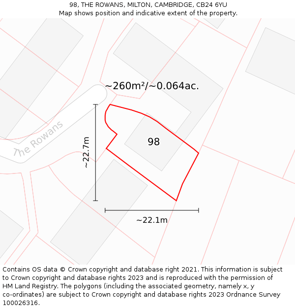 98, THE ROWANS, MILTON, CAMBRIDGE, CB24 6YU: Plot and title map