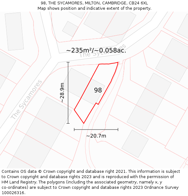 98, THE SYCAMORES, MILTON, CAMBRIDGE, CB24 6XL: Plot and title map