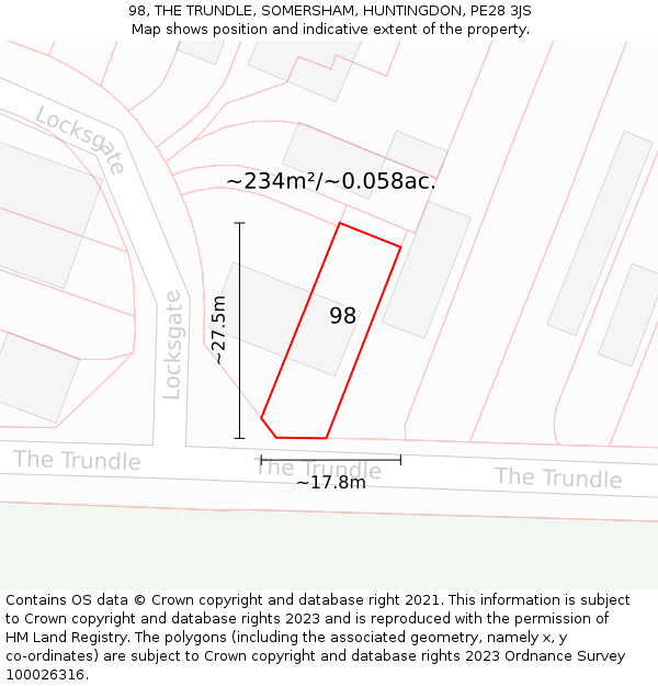 98, THE TRUNDLE, SOMERSHAM, HUNTINGDON, PE28 3JS: Plot and title map