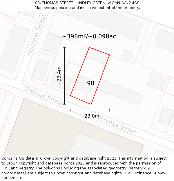 98, THOMAS STREET, HINDLEY GREEN, WIGAN, WN2 4SS: Plot and title map