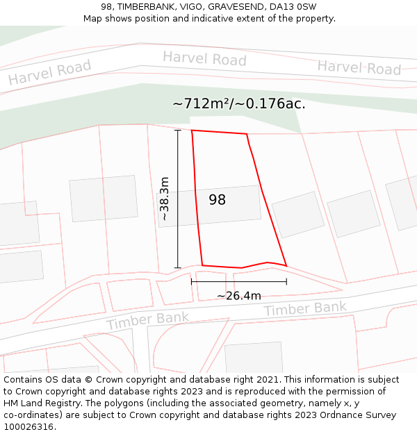 98, TIMBERBANK, VIGO, GRAVESEND, DA13 0SW: Plot and title map