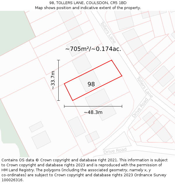 98, TOLLERS LANE, COULSDON, CR5 1BD: Plot and title map