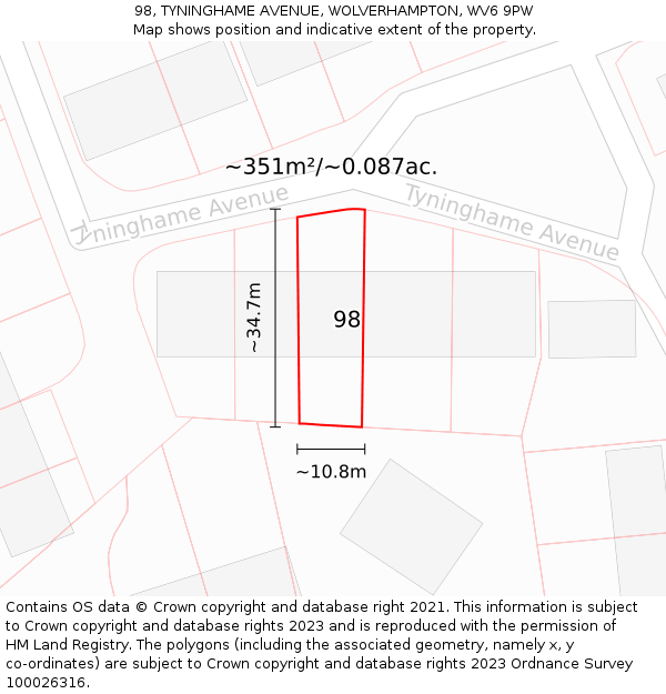 98, TYNINGHAME AVENUE, WOLVERHAMPTON, WV6 9PW: Plot and title map